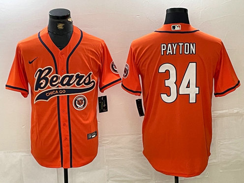 Men's Chicago Bears #34 Walter Payton Orange With Patch Cool Base Stitched Baseball Jersey 1