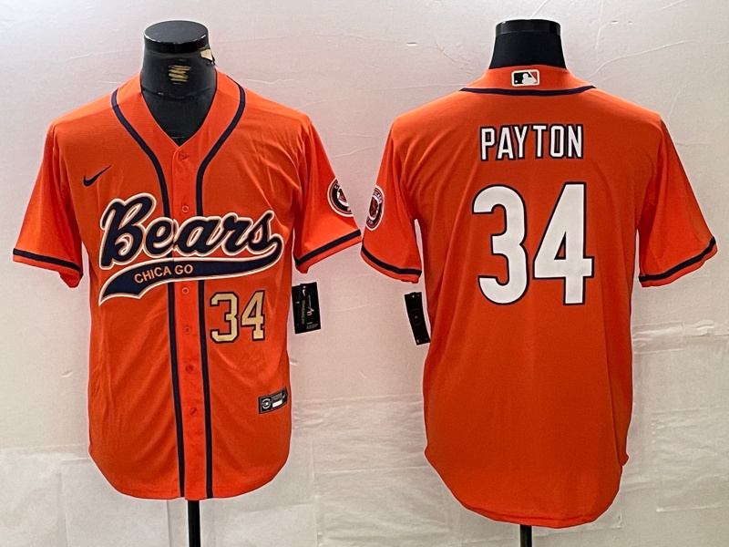 Men's Chicago Bears #34 Walter Payton Orange With Patch Cool Base Stitched Baseball Jersey 2