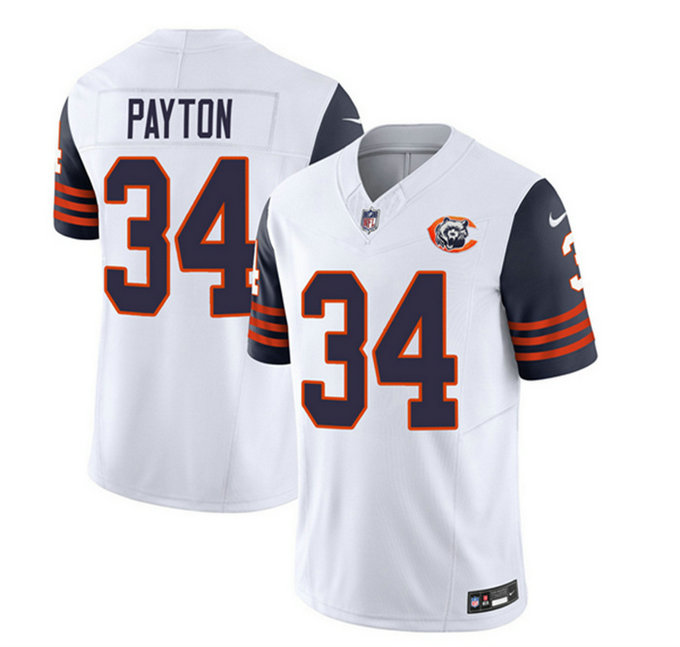 Men's Chicago Bears #34 Walter Payton White Navy 2023 F.U.S.E. Throwback Limited Stitched Football Jersey