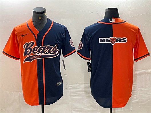 Men's Chicago Bears Team Big Logo Orange Navy Split With Patch Cool Base Stitched Baseball Jersey