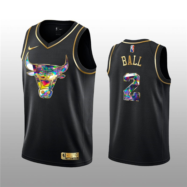 Men's Chicago Bulls #2 Lonzo Ball 2021 22 Black Golden Edition 75th Anniversary Diamond Logo Stitched Basketball Jersey