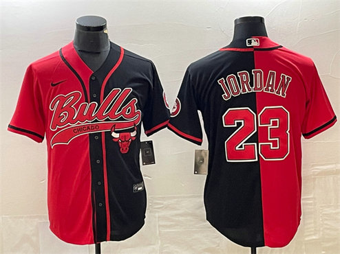 Men's Chicago Bulls #23 Michael Jordan Red Black Split Cool Base Stitched Baseball Jersey