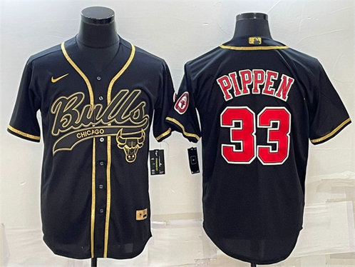 Men's Chicago Bulls #33 Scottie Pippen Black Gold With Patch Cool Base Stitched Baseball Jersey