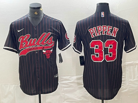 Men's Chicago Bulls #33 Scottie Pippen Black Pinstripe Cool Base Stitched Baseball Jersey 4