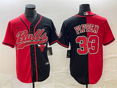 Men's Chicago Bulls #33 Scottie Pippen Red Black Split Cool Base Stitched Baseball Jersey