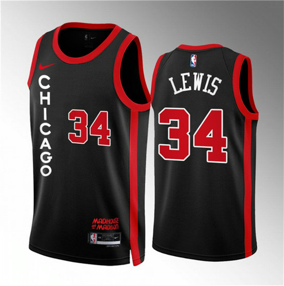 Men's Chicago Bulls #34 Justin Lewis Black 2023 24 City Edition Stitched Basketball Jersey