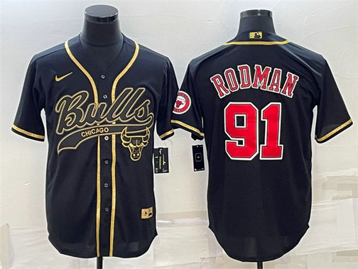Men's Chicago Bulls #91 Dennis Rodman Black Gold With Patch Cool Base Stitched Baseball Jersey