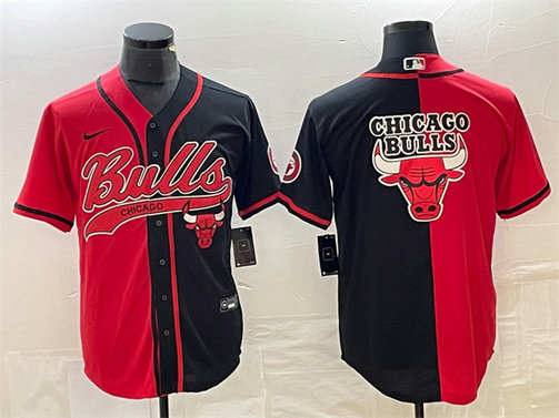 Men's Chicago Bulls Red Black Split Team Big Logo Cool Base Stitched Baseball Jersey