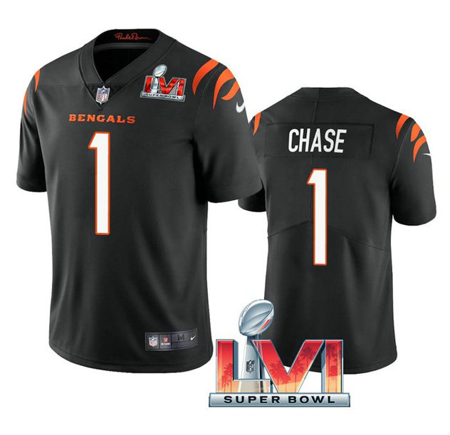 Men's Cincinnati Bengals #1 Ja'Marr Chase 2022 Black Super Bowl LVI Vapor Limited Stitched Jersey
