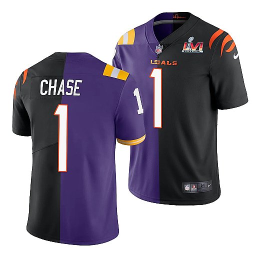 Men's Cincinnati Bengals #1 Ja'Marr Chase 2022 Purple Black Split Super Bowl LVI Stitched Jersey