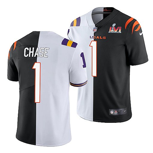 Men's Cincinnati Bengals #1 Ja'Marr Chase 2022 White Black Split Super Bowl LVI Stitched Jersey