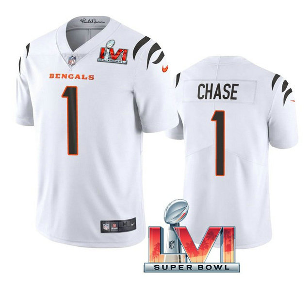 Men's Cincinnati Bengals #1 Ja'Marr Chase 2022 White Super Bowl LVI Vapor Limited Stitched Jersey