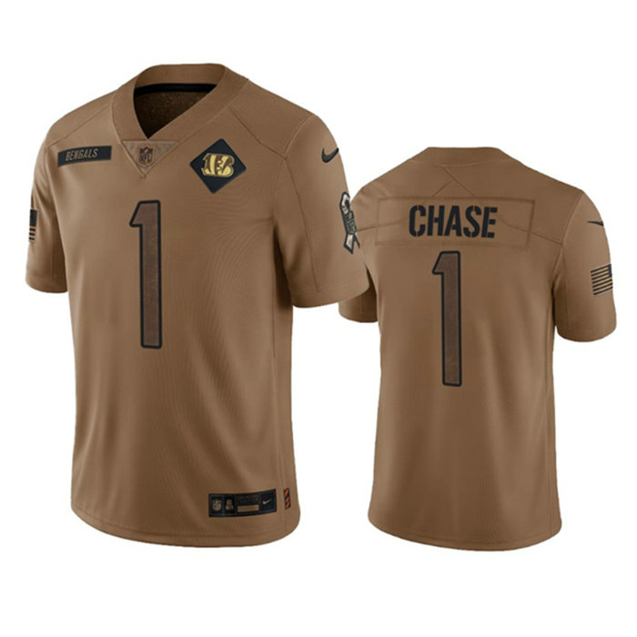 Men's Cincinnati Bengals #1 Ja'Marr Chase 2023 Brown Salute To Service Limited Stitched Jersey
