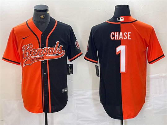 Men's Cincinnati Bengals #1 Ja'Marr Chase Black Orange Split With Patch Cool Base Stitched Baseball Jersey