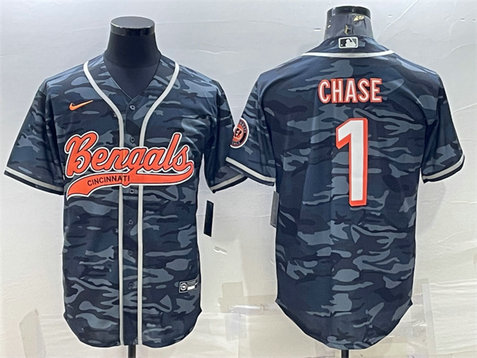 Men's Cincinnati Bengals #1 Ja'Marr Chase Grey Camo With Patch Cool Base Stitched Baseball Jersey