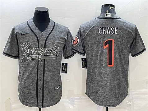 Men's Cincinnati Bengals #1 Ja'Marr Chase Grey With Patch Cool Base Stitched Baseball Jersey