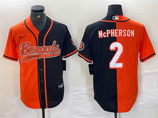 Men's Cincinnati Bengals #2 Evan McPherson Black Orange Split With Patch Cool Base Stitched Baseball Jersey