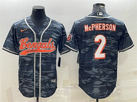 Men's Cincinnati Bengals #2 Evan McPherson Grey Camo With Patch Cool Base Stitched Baseball Jersey