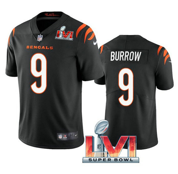 Men's Cincinnati Bengals #9 Joe Burrow 2022 Black Super Bowl LVI Vapor Limited Stitched Jersey