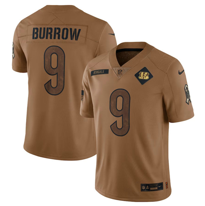 Men's Cincinnati Bengals #9 Joe Burrow 2023 Brown Salute To Service Limited Stitched Jersey