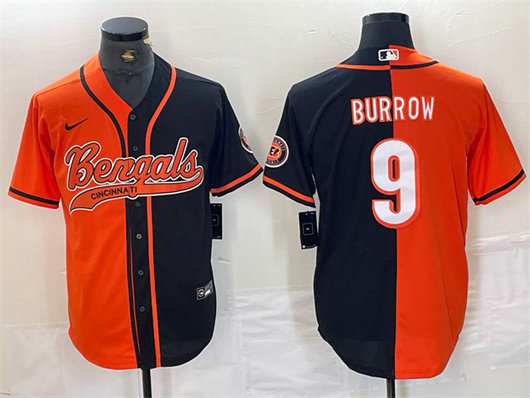 Men's Cincinnati Bengals #9 Joe Burrow Black Orange Split With Patch Cool Base Stitched Baseball Jersey