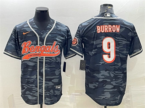 Men's Cincinnati Bengals #9 Joe Burrow Grey Camo With Patch Cool Base Stitched Baseball Jersey