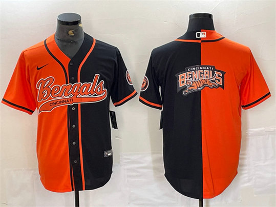 Men's Cincinnati Bengals Team Big Logo Black Orange Split With Patch Cool Base Stitched Baseball Jersey