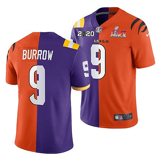 Men's Cincinnati Bengals X LSU Tigers #9 Joe Burrow 2022 Purple Orange Split Super Bowl LVI Stitched Jersey