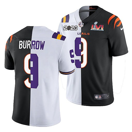 Men's Cincinnati Bengals X LSU Tigers #9 Joe Burrow 2022 White Black Split Super Bowl LVI Stitched Jersey