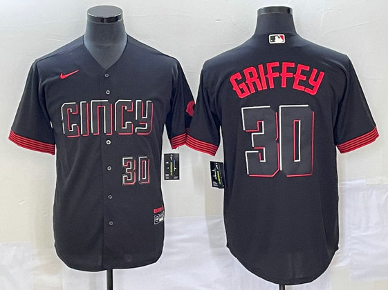 Men's Cincinnati Reds #30 Ken Griffey Jr. Black 2023 City Connect With Patch Stitched Jersey