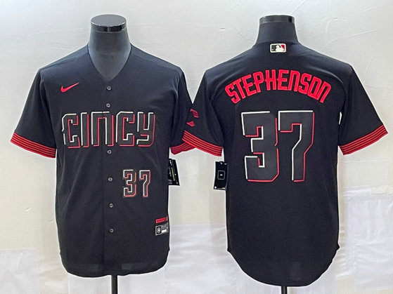 Men's Cincinnati Reds #37 Tyler Stephenson Black 2023 City Connect With Patch Stitched Jersey