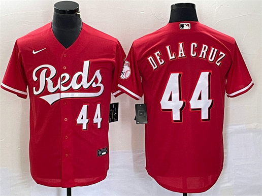 Men's Cincinnati Reds #44 Elly De La Cruz Number Red Cool Base Stitched Baseball Jersey 1