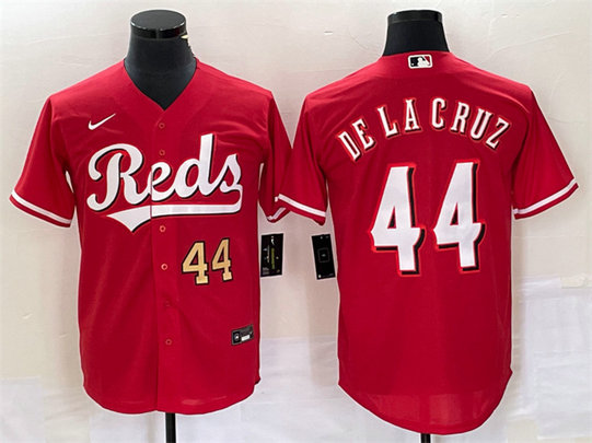 Men's Cincinnati Reds #44 Elly De La Cruz Number Red Cool Base Stitched Baseball Jersey
