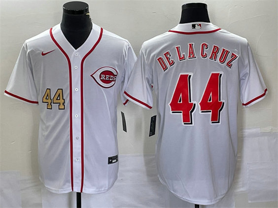 Men's Cincinnati Reds #44 Elly De La Cruz Number White Cool Base Stitched Baseball Jersey