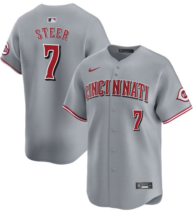 Men's Cincinnati Reds #7 Spencer Steer Grey Away Limited Stitched Baseball Jersey