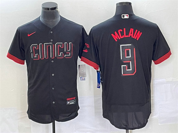 Men's Cincinnati Reds #9 Matt McLain Black 2023 City Connect Flex Base Stitched Jersey 8