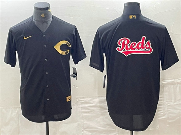 Men's Cincinnati Reds Black Team Big Logo Cool Base Stitched Baseball Jersey 3