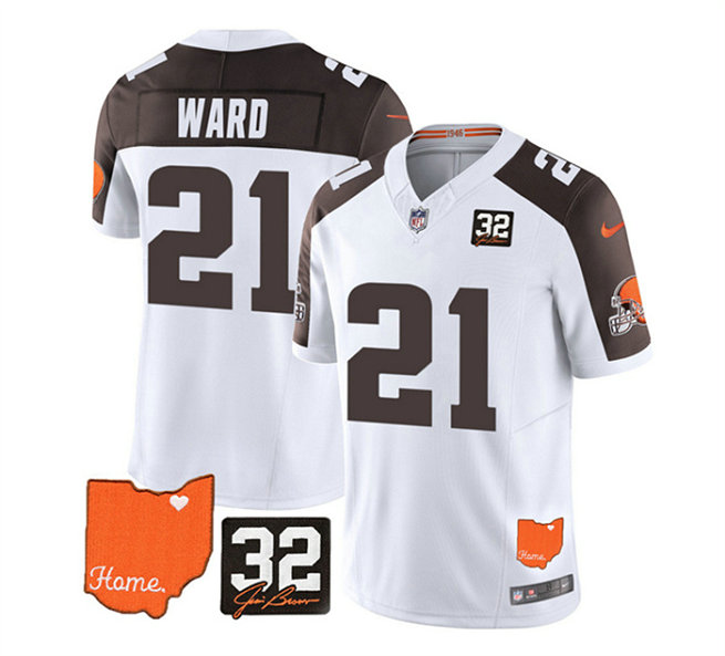 Men's Cleveland Browns #21 Denzel Ward White Brown 2023 F.U.S.E. With Jim Brown Memorial Patch Vapor Untouchable Limited Stitched Jersey