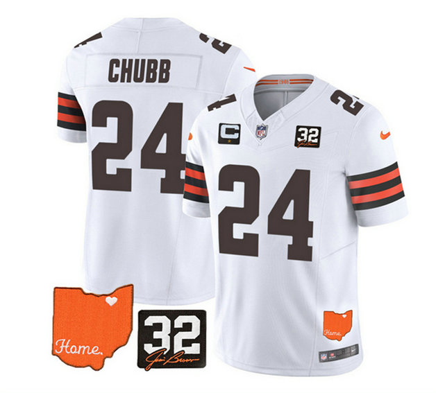 Men's Cleveland Browns #24 Nick Chubb White 2023 F.U.S.E. With Jim Brown Memorial Patch And 1-Star C Patch Vapor Untouchable Limited Stitched Jersey