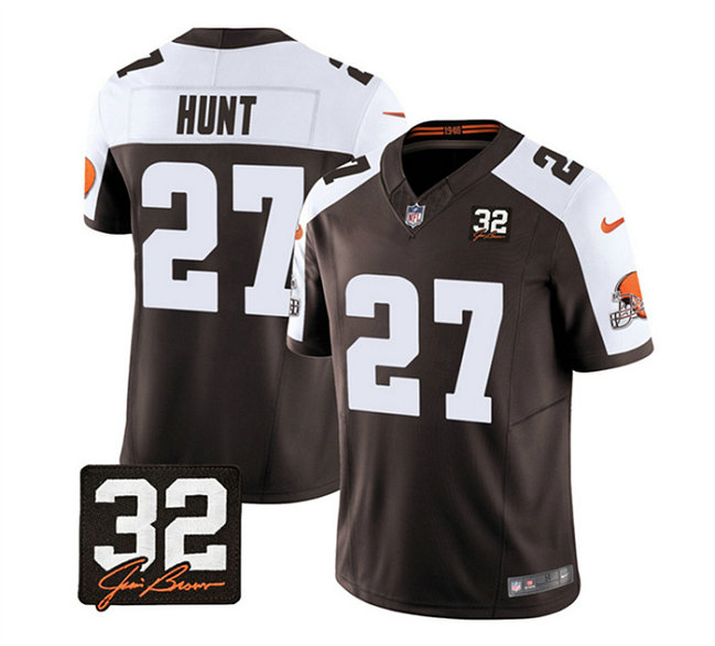 Men's Cleveland Browns #27 Kareem Hunt Brown White 2023 F.U.S.E. With Jim Brown Memorial Patch Vapor Untouchable Limited Stitched Jersey