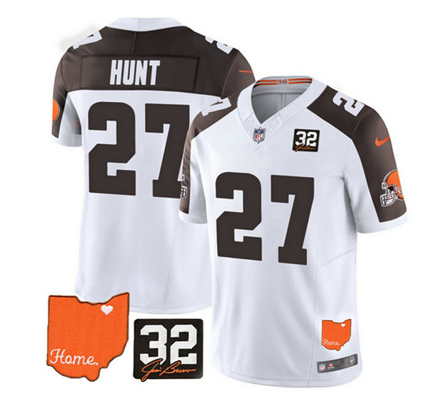 Men's Cleveland Browns #27 Kareem Hunt White Brown 2023 F.U.S.E. With Jim Brown Memorial Patch Vapor Untouchable Limited Stitched Jersey