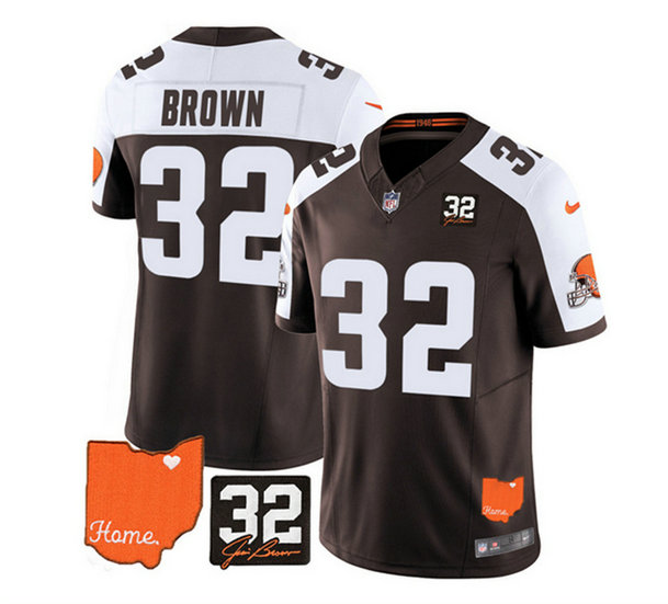 Men's Cleveland Browns #32 Jim Brown Brown White 2023 F.U.S.E. With Jim Brown Memorial Patch Vapor Untouchable Limited Stitched Jersey