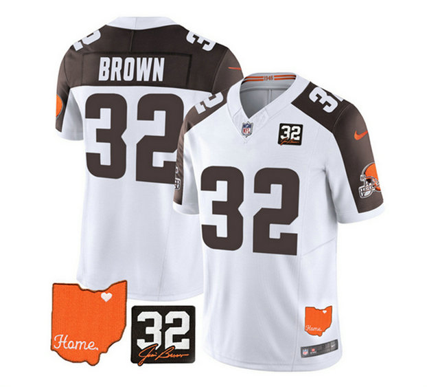 Men's Cleveland Browns #32 Jim Brown White Brown 2023 F.U.S.E. With Jim Brown Memorial Patch Vapor Untouchable Limited Stitched Jersey