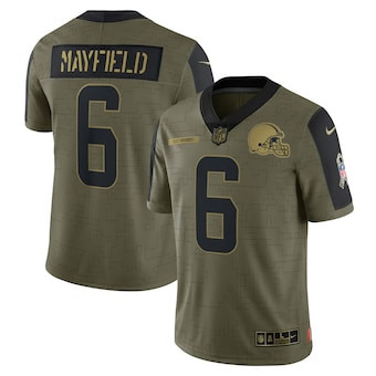 Men's Cleveland Browns #6 Baker Mayfield Nike Olive 2021 Salute To