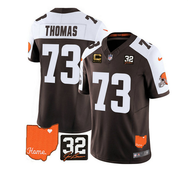 Men's Cleveland Browns #73 Joe Thomas Brown White 2023 F.U.S.E. With Jim Brown Memorial Patch And 4-Star C Patch Vapor Untouchable Limited Stitched Jersey