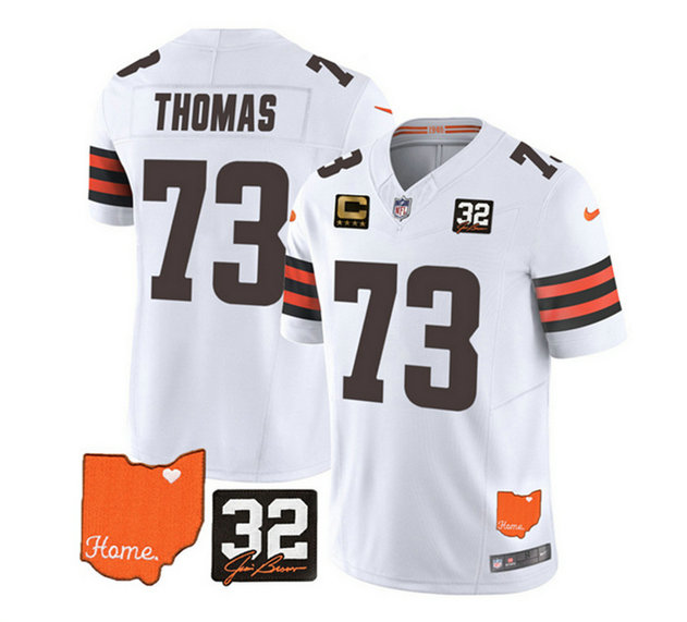Men's Cleveland Browns #73 Joe Thomas White 2023 F.U.S.E. With Jim Brown Memorial Patch And 4-Star C Patch Vapor Untouchable Limited Stitched Jersey