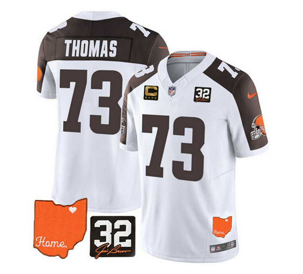 Men's Cleveland Browns #73 Joe Thomas White Brown 2023 F.U.S.E. With Jim Brown Memorial Patch And 4-Star C Patch Vapor Untouchable Limited Stitched Jersey