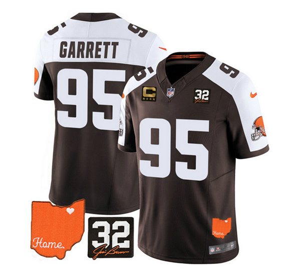 Men's Cleveland Browns #95 Myles Garrett Brown White 2023 F.U.S.E. With Jim Brown Memorial Patch And 4-Star C Patch Vapor Untouchable Limited Stitched Jersey