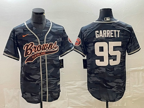Men's Cleveland Browns #95 Myles Garrett Grey Camo With Patch Cool Base Stitched Baseball Jersey