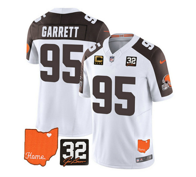 Men's Cleveland Browns #95 Myles Garrett White Brown 2023 F.U.S.E. With Jim Brown Memorial Patch And 4-Star C Patch Vapor Untouchable Limited Stitched Jersey